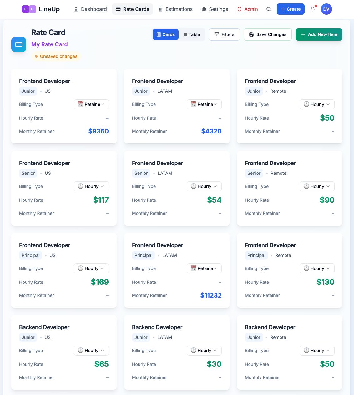 Rate Cards - Card View