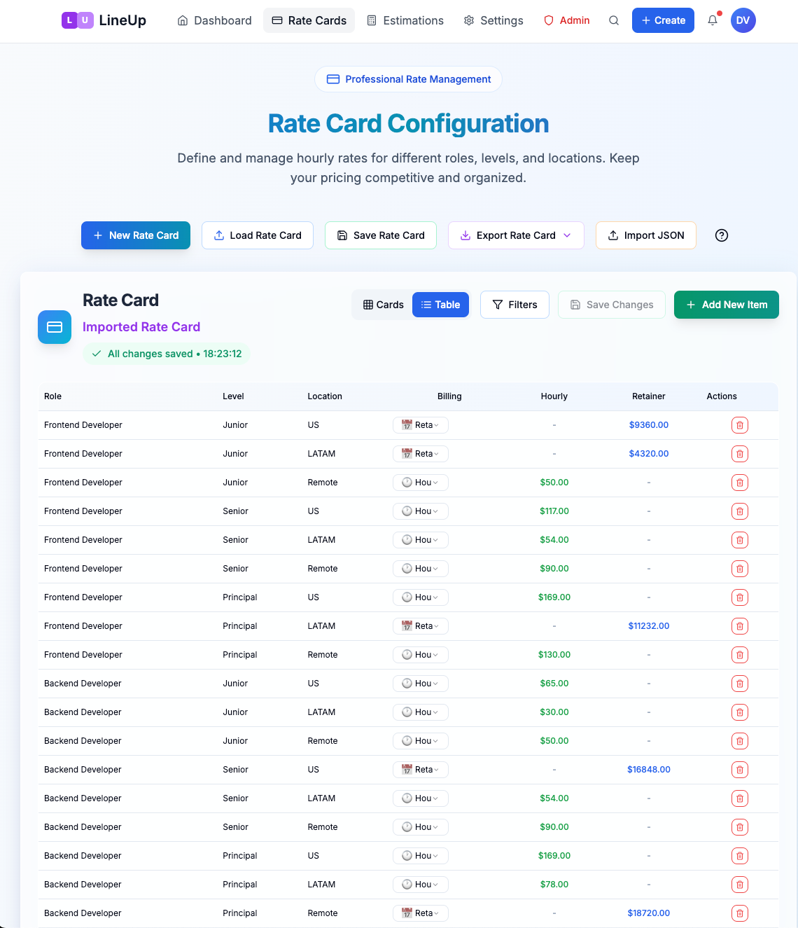 Rate Cards - Table View